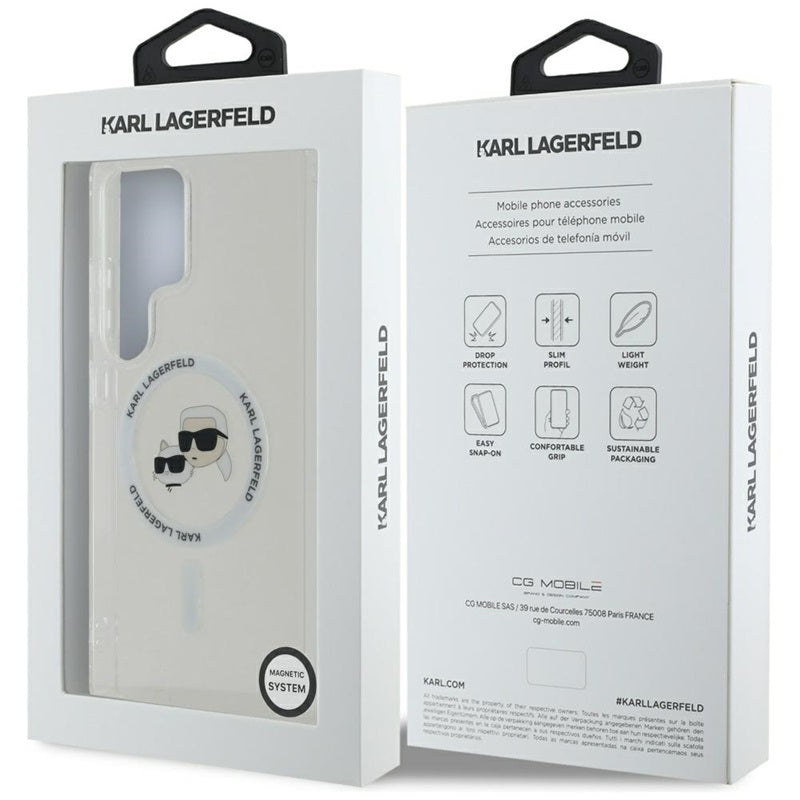Karl Lagerfeld mygtukas Karl & Choupette galvučių atspausdintas logotipas MagSafe - dėklas, skirtas Samsung Galaxy S25 Ultra (baltas)