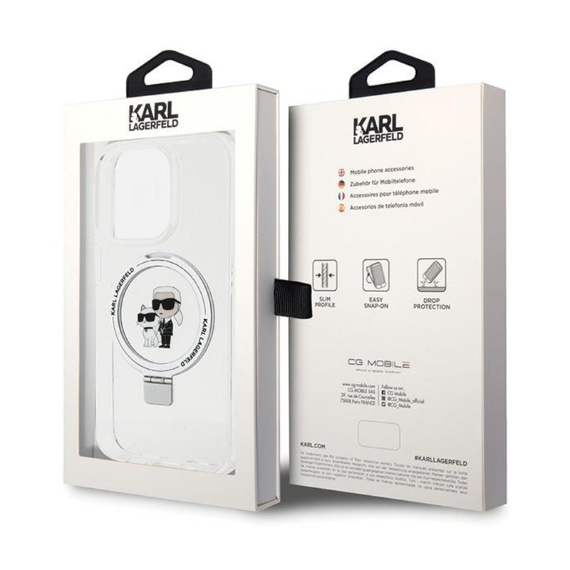 Karl Lagerfeld žiedinis stovas Karl & Choupette MagSafe – iPhone 14 Pro dėklas (baltas)