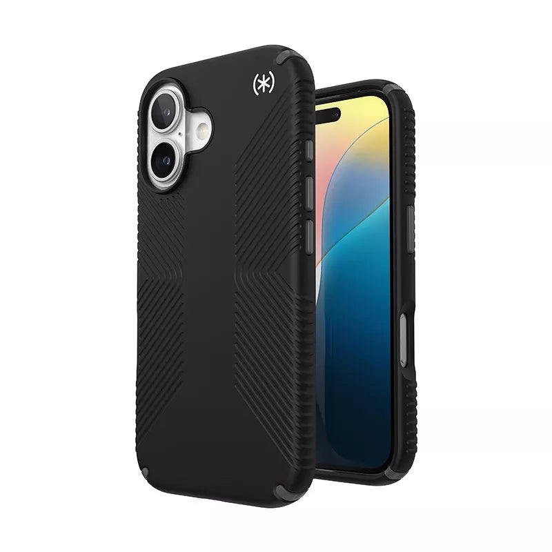 Speck Presidio2 Grip - Dėklas iPhone 16 (Juoda / Skalūninė pilka / Balta)