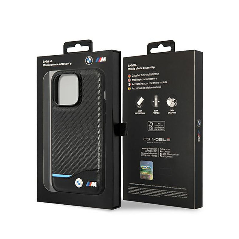 BMW Leather Carbon Blue Line - dėklas skirtas iPhone 14 Pro (juodas)