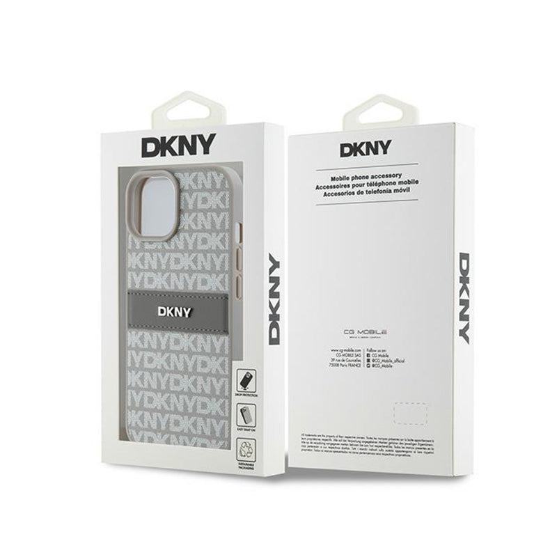 DKNY Leather Mono Stripe & Metal Logo – iPhone 15 Plus / 14 Plus dėklas (smėlio spalvos)
