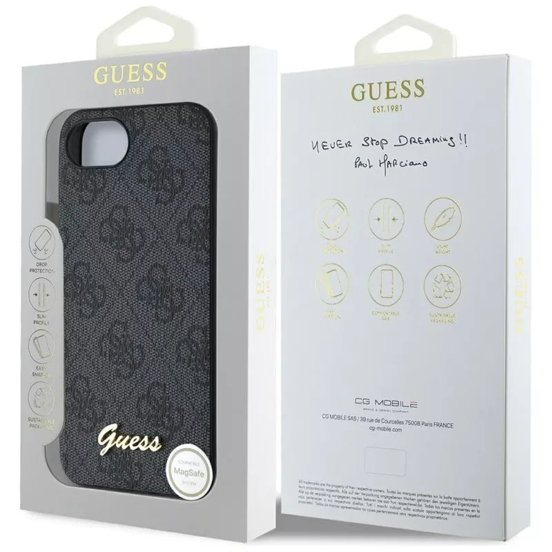 Guess 4G Script Logo MagSafe – dėklas iPhone 16e (juodas)