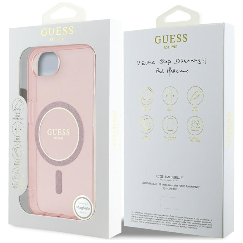 Guess IML Glitter Circle MagSafe – dėklas, skirtas iPhone 16e (rožinis)