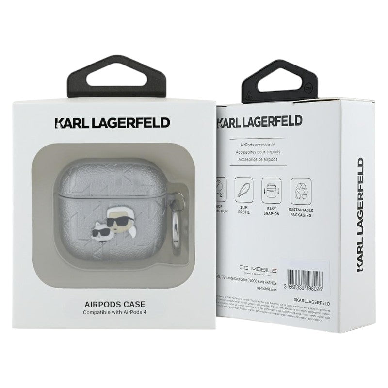 Karl Lagerfeld Monogram Karl & Choupette Head – dėklas „AirPods 4“ (sidabrinis)