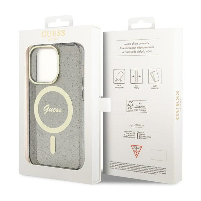 Guess Glitter Gold MagSafe – dėklas, skirtas iPhone 14 Pro (juodas)