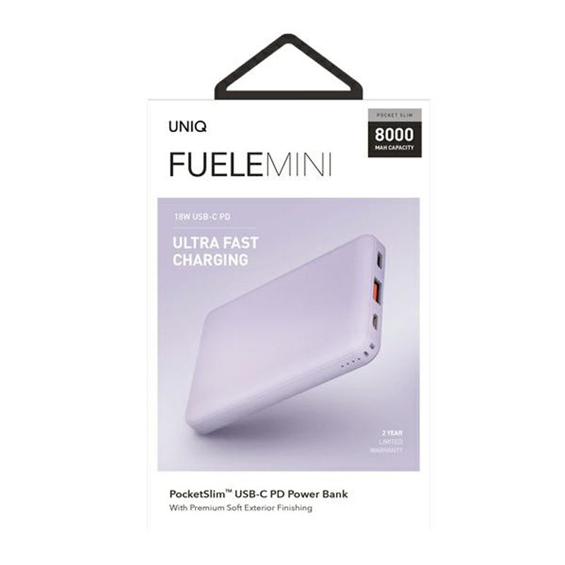 UNIQ Fuele Mini – nešiojama baterija 8000 mAh USB-C 18W Power Delivery (Levandų)