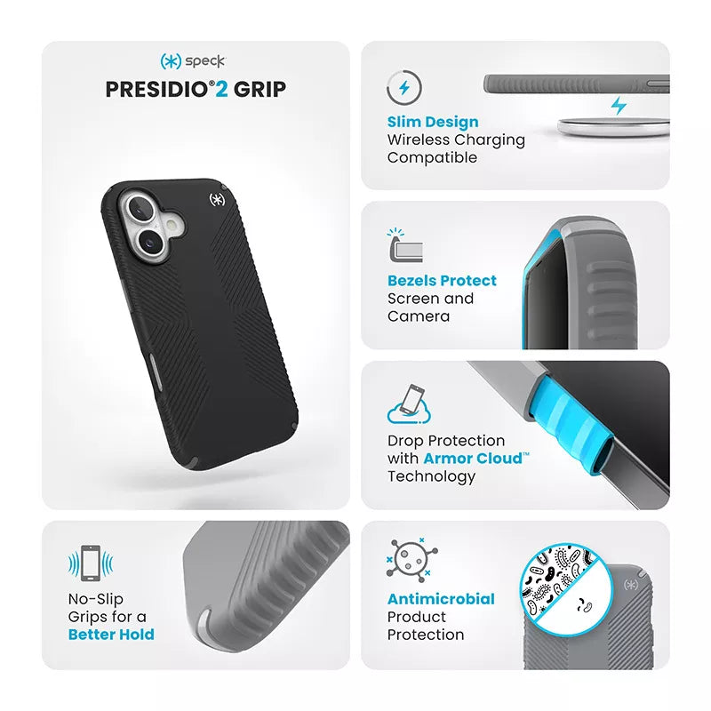 Speck Presidio2 Grip - Dėklas iPhone 16 (Juoda / Skalūninė pilka / Balta)