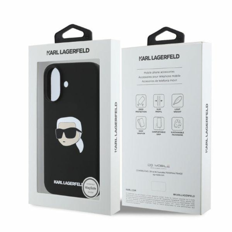 Karl Lagerfeld Silicone Karl Head Print MagSafe – dėklas, skirtas iPhone 16 (juodas)