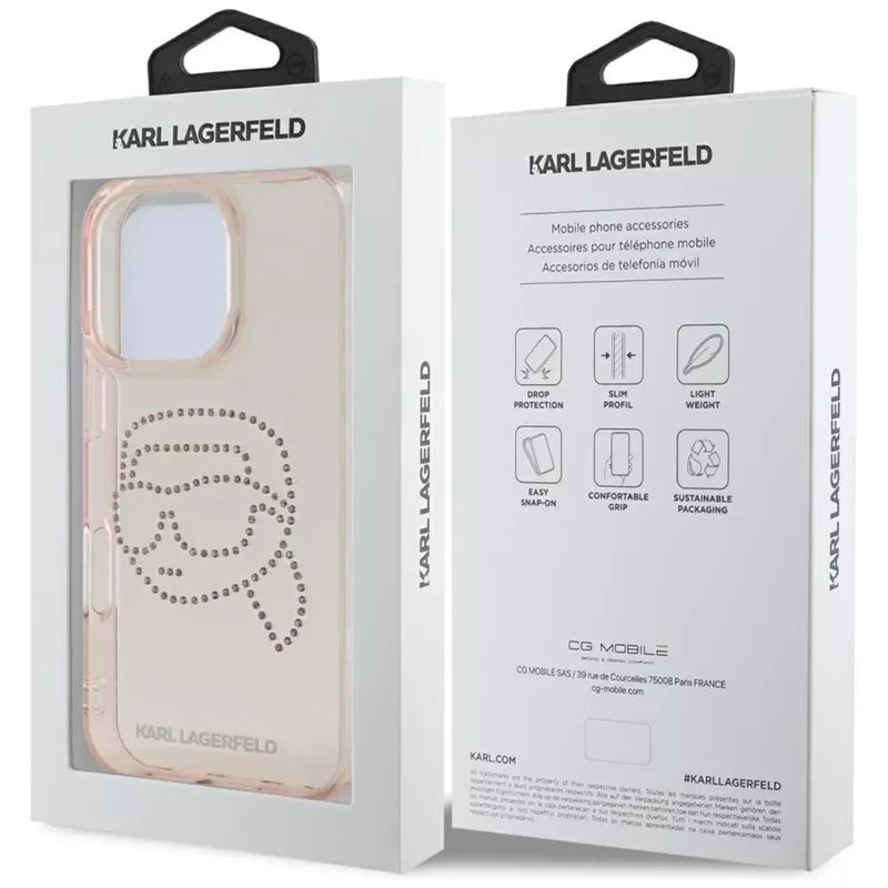 Karl Lagerfeld IML Rhinestones Karl Head – dėklas, skirtas iPhone 16 Pro (rožinis)