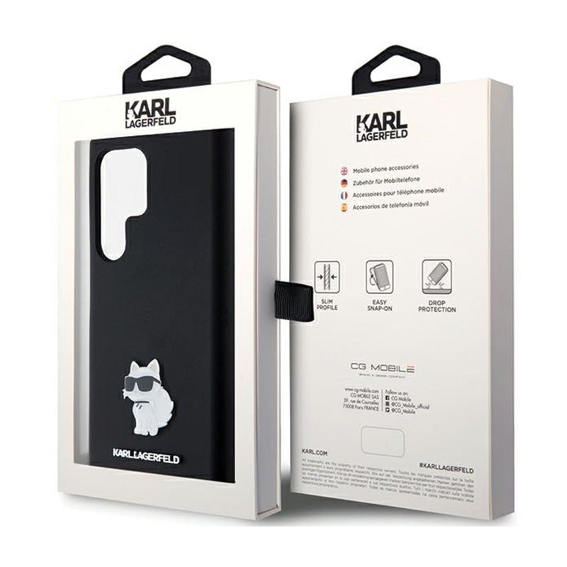 Karl Lagerfeld silikoninis „Choupette“ metalinis segtukas – dėklas „Samsung Galaxy S24 Ultra“ (juodas)