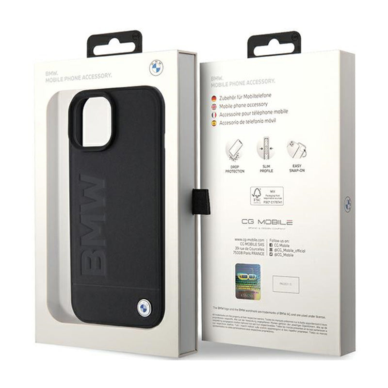 BMW Leather Hot Stamp – dėklas skirtas iPhone 15 (juodos spalvos)