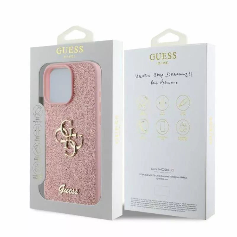 Guess Fixed Glitter Big 4G – dėklas iPhone 16 Pro Max (rožinis)