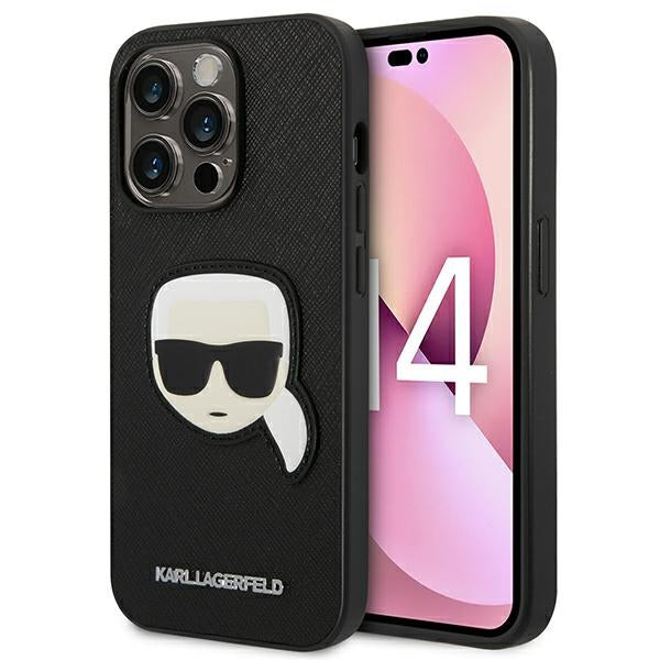Karl Lagerfeld Saffiano Karl galvutės antsiuvo dėklas, skirtas iPhone 14 Pro (juodas)