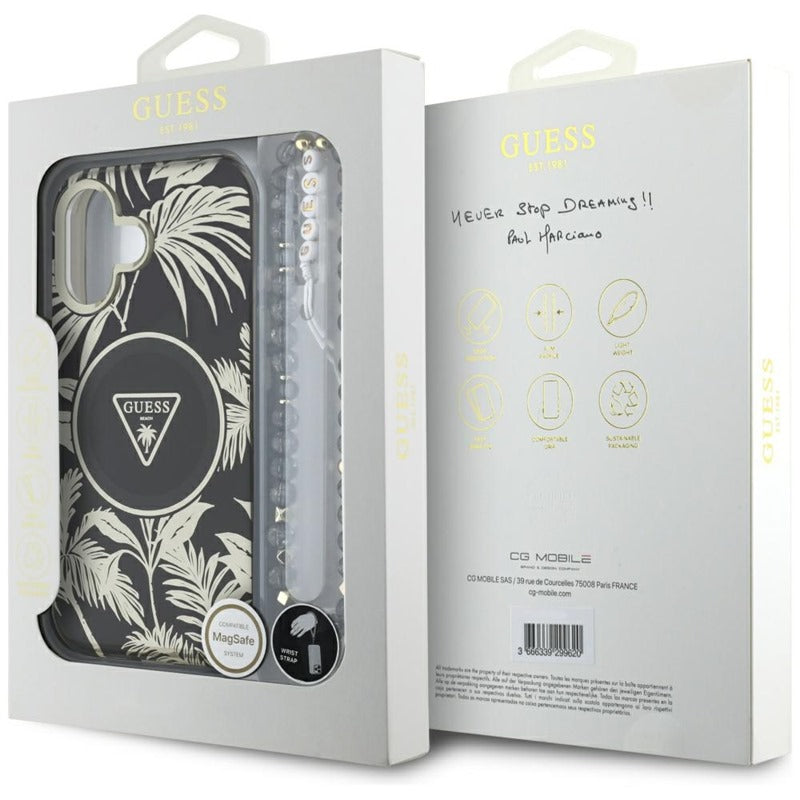 Guess Palm Trees Triangle Pearl Strap MagSafe – dėklas iPhone 16 (juoda)