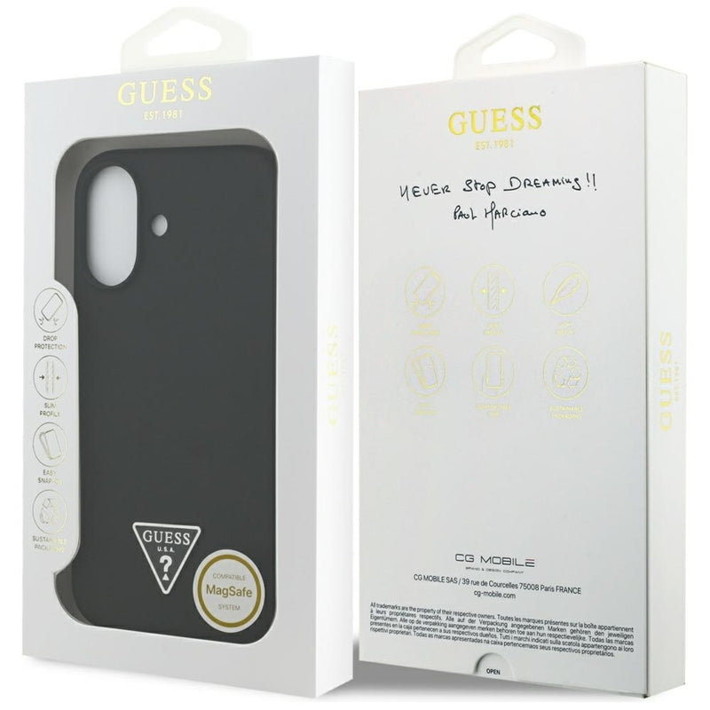 „Guess“ silikoninis trikampio logotipas MagSafe – dėklas iPhone 17 (juodas)
