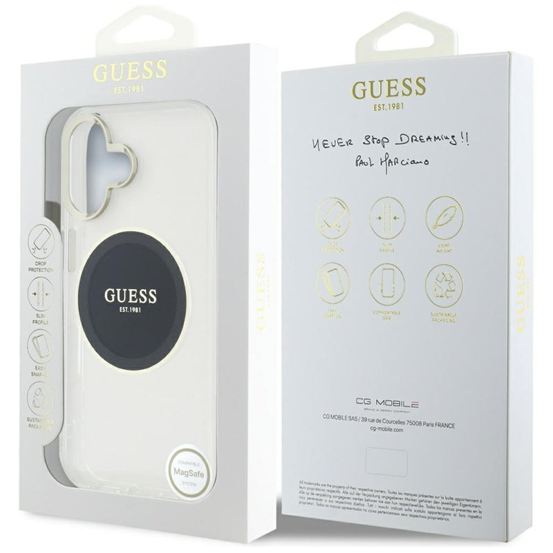 Guess IML Metal Colored Circle Classic Logo MagSafe – dėklas, skirtas „iPhone 16“ (juodas)