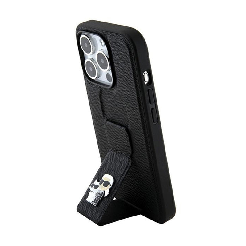 Karl Lagerfeld Gripstand Saffiano Karl & Choupette Pins - iPhone 13 Pro dėklas (juodas)