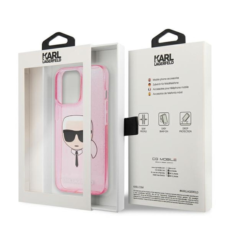 Karl Lagerfeld Karl’o galvos blizgučių dėklas, skirtas „iPhone 13 Pro Max“ (rožinis)
