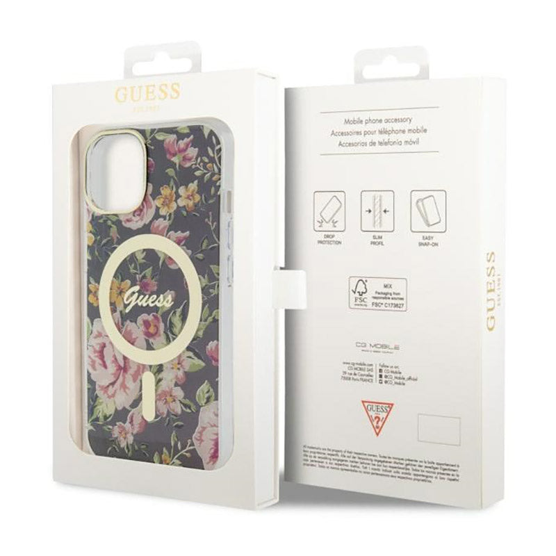 Guess Flower MagSafe – dėklas, skirtas iPhone 14 (juodas)