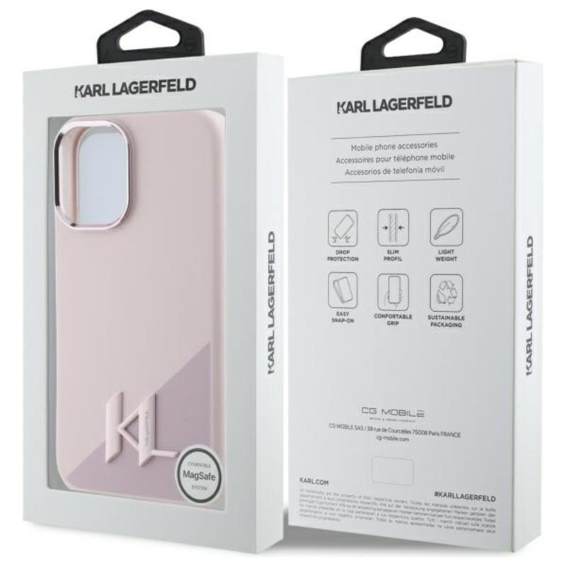 „Karl Lagerfeld Silicone Shadow Metal Initial MagSafe“ – dėklas skirtas „iPhone 16“ (rožinis)