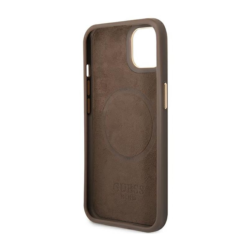 Guess 4G Logo Plate MagSafe – Dėklas iPhone 14 Plus (rudos spalvos)