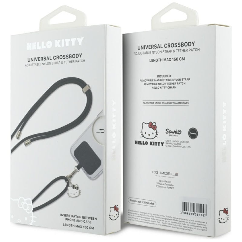Hello Kitty pleistras ir Kitty galvos pakabukas – universalus telefono dirželis / raištelis (juodas)