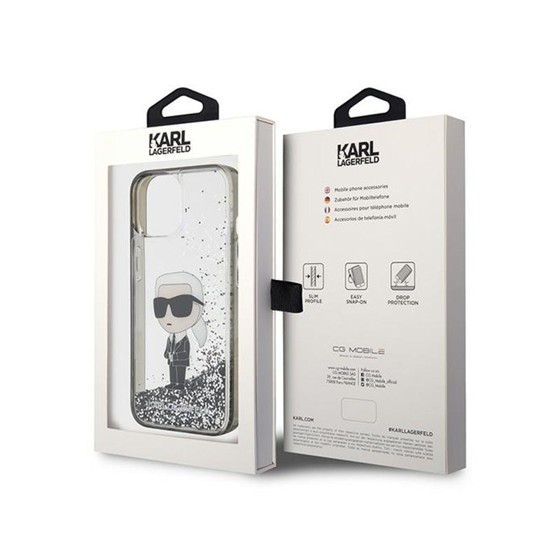 Karl Lagerfeld Liquid Glitter Ikonik – „iPhone 15“ dėklas (skaidrus)