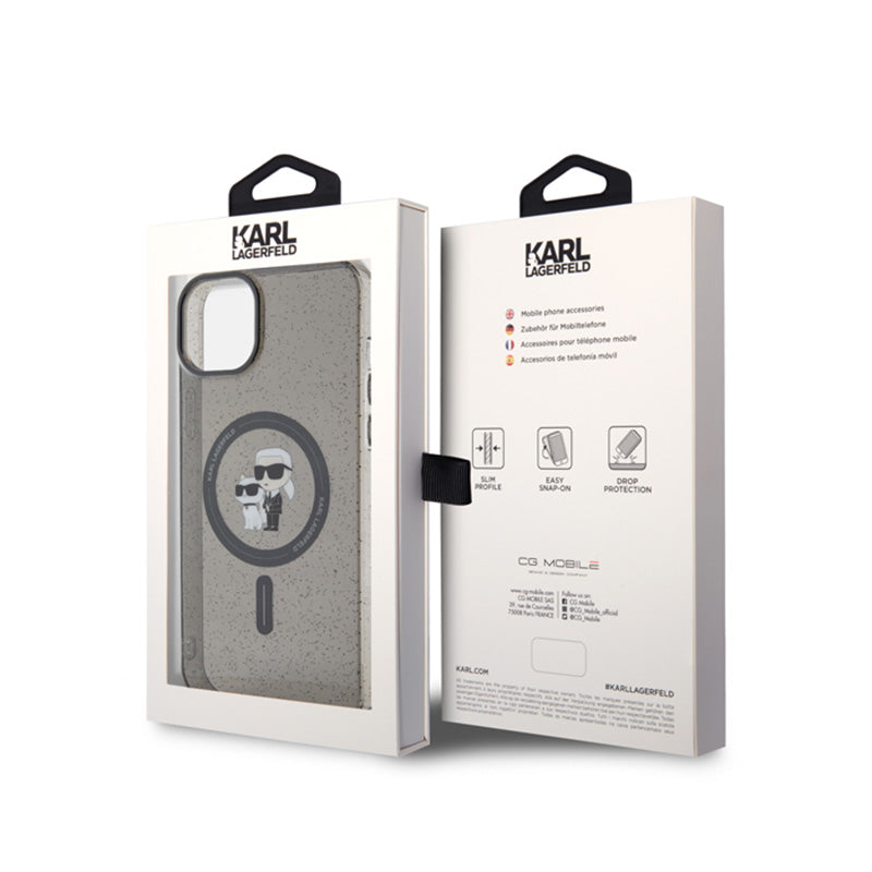 Karl Lagerfeld Karl & Choupette Glitter Magsafe – dėklas, skirtas „iPhone 15 Plus“ (juodas)