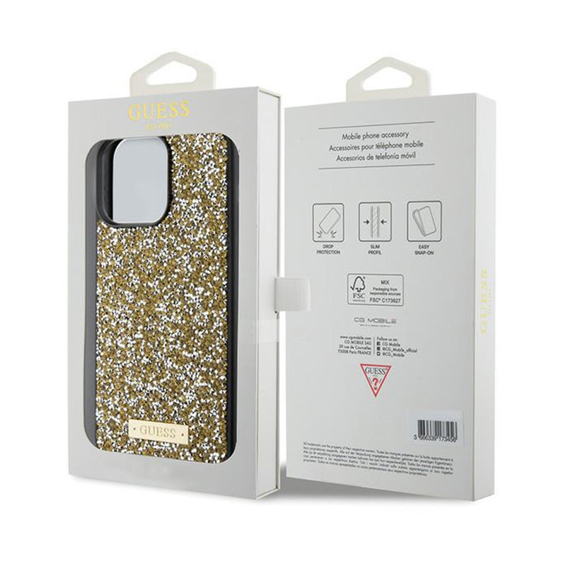 Guess Rhinestone Metal Logo – Dėklas, skirtas „iPhone 15 Pro“ (geltonas)