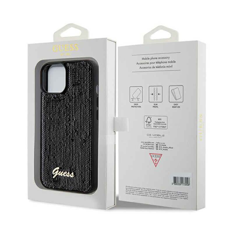 Guess Sequin Script Metal – dėklas, skirtas iPhone 14 (juodas)