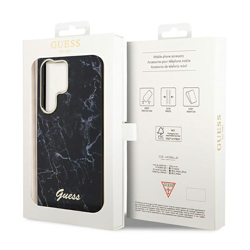Guess Marble Collection – dėklas, skirtas Samsung Galaxy S23 Ultra (juodas)