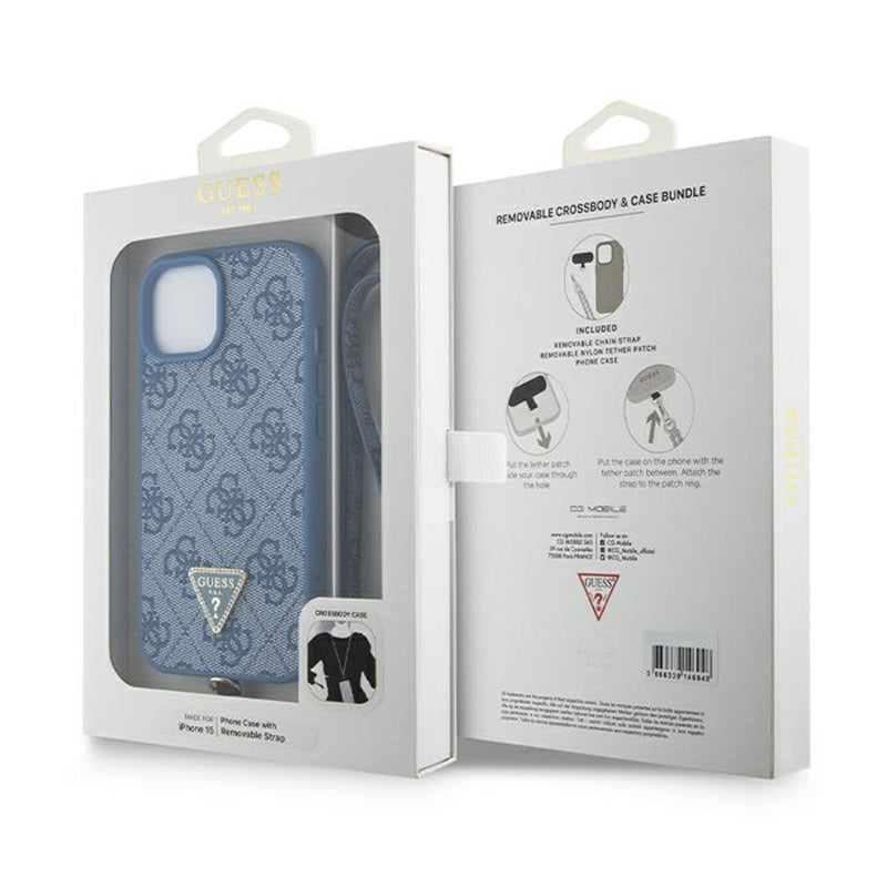 Guess Crossbody 4G Metal Logo – „iPhone 15“ dėklas (mėlynas)