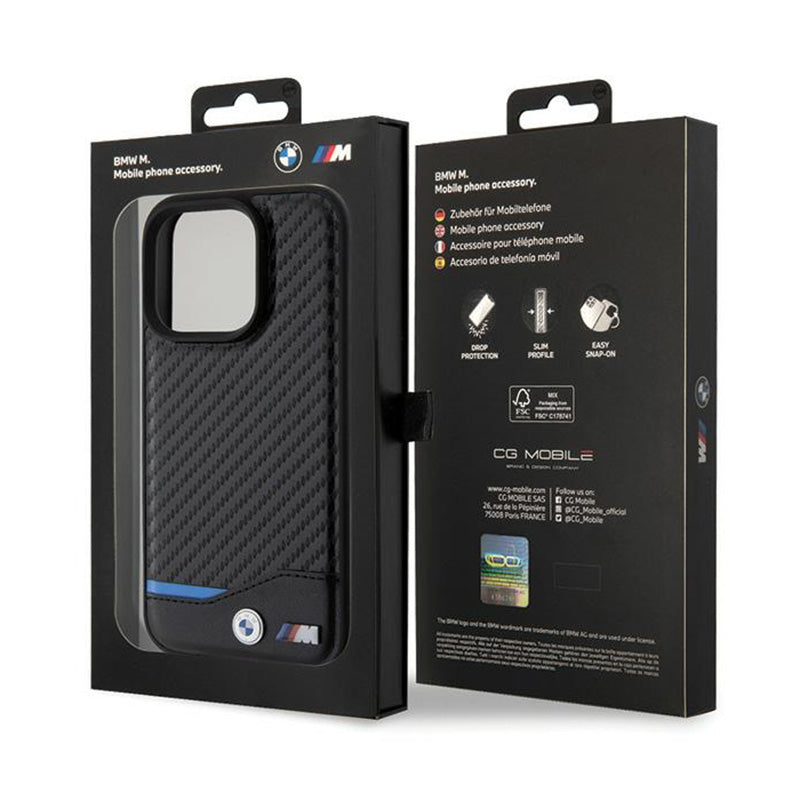 BMW Leather Carbon Blue Line – dėklas, skirtas iPhone 15 Pro (juodas)