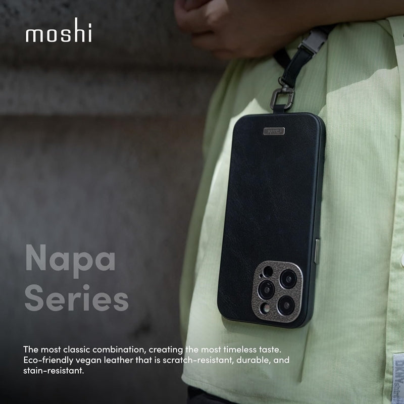 Moshi Napa MagSafe – odinis dėklas, skirtas iPhone 15 Pro Max (vidurnakčio juoda)