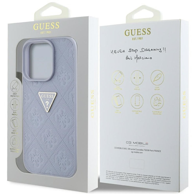 Guess Hot Stamp 4G Pattern Triangle Metal Logo - dėklas iPhone 16 Pro (violetinis)