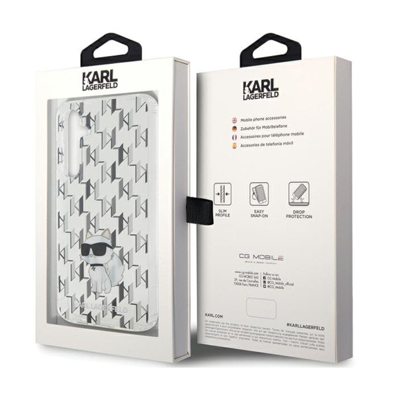 Karl Lagerfeld Monogram Choupette – „Samsung Galaxy S23 FE“ dėklas (skaidrus)