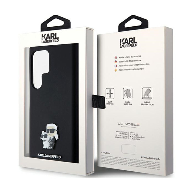 Karl Lagerfeld Silikoninis Karl & Choupette Metal Pin - dėklas Samsung Galaxy S24 Ultra (juodas)