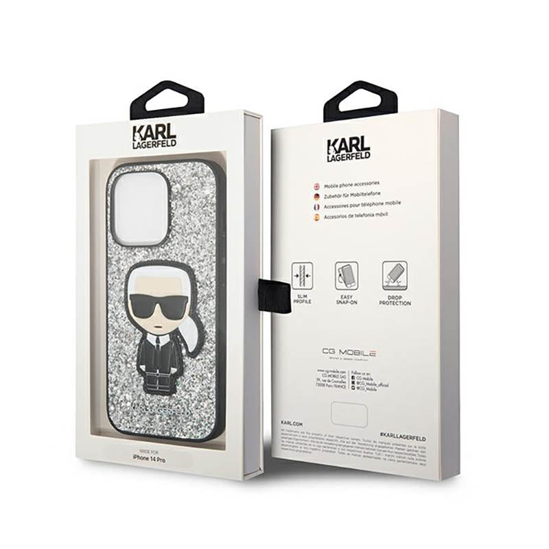 Karl Lagerfeld Glitter Flakes Ikonik – dėklas skirtas iPhone 14 Pro Max (sidabrinis)