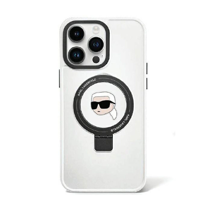 Karl Lagerfeld iPhone 15 dėklas su MagSafe - Žiedo stovas Karlo galva (baltas)