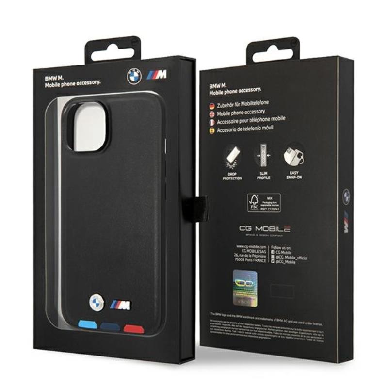 BMW Leather Hot Stamp Tricolor – dėklas skirtas iPhone 14 Plus (Juoda)