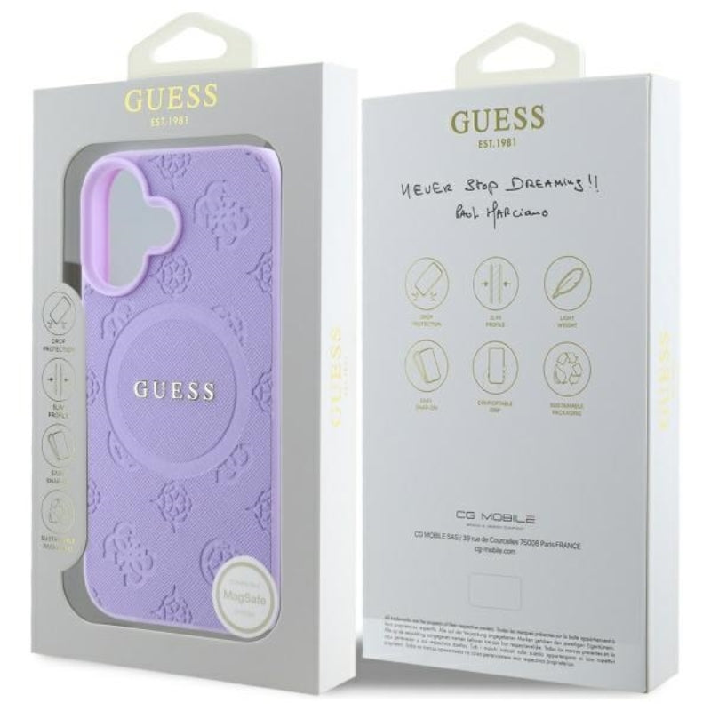 Guess Saffiano Peony Classic Logo MagSafe – dėklas iPhone 16 (violetinė)