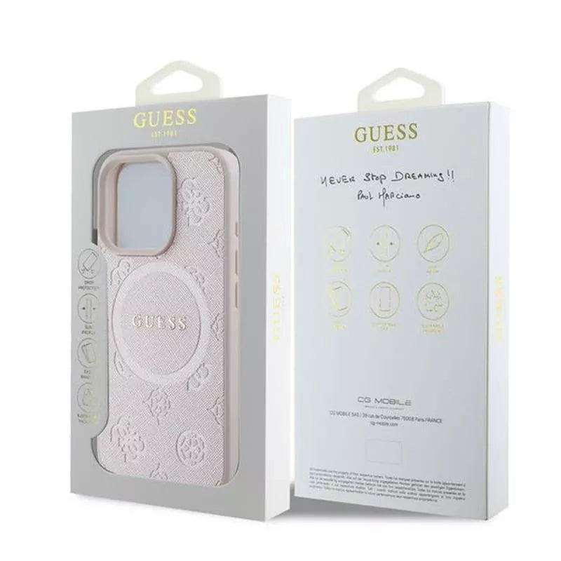 Guess Saffiano Peony Classic Logo MagSafe – dėklas iPhone 16 Pro (rožinis)
