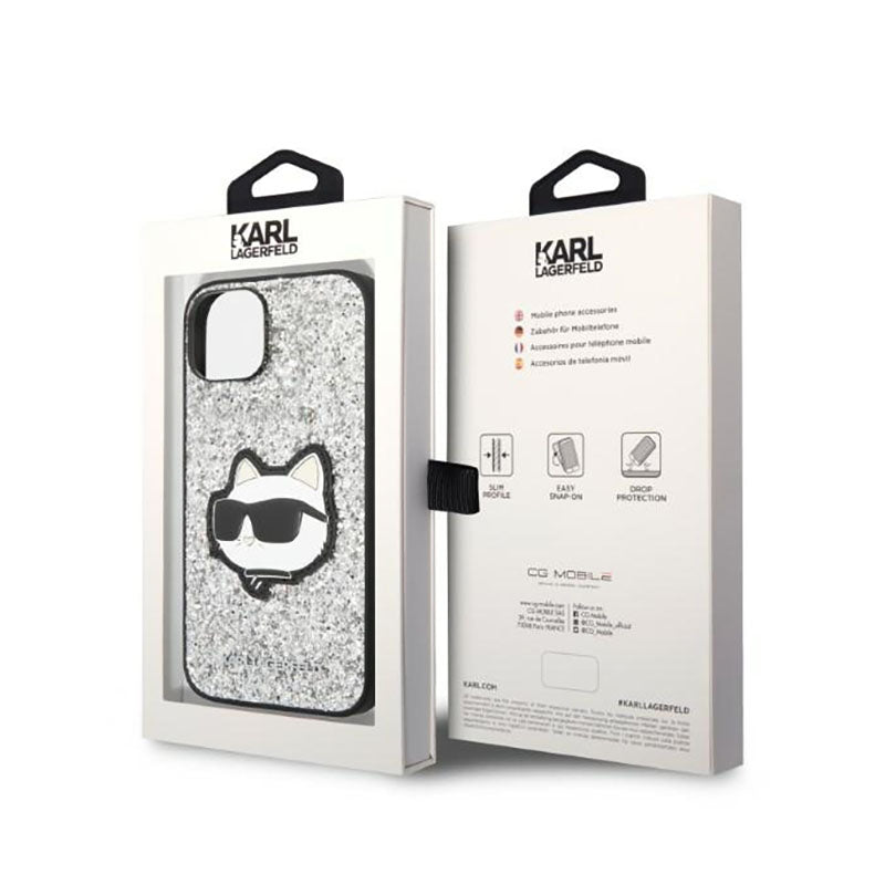 Karl Lagerfeld NFT Glitter Choupette Patch – dėklas, skirtas iPhone 14 Plus (sidabro spalvos)