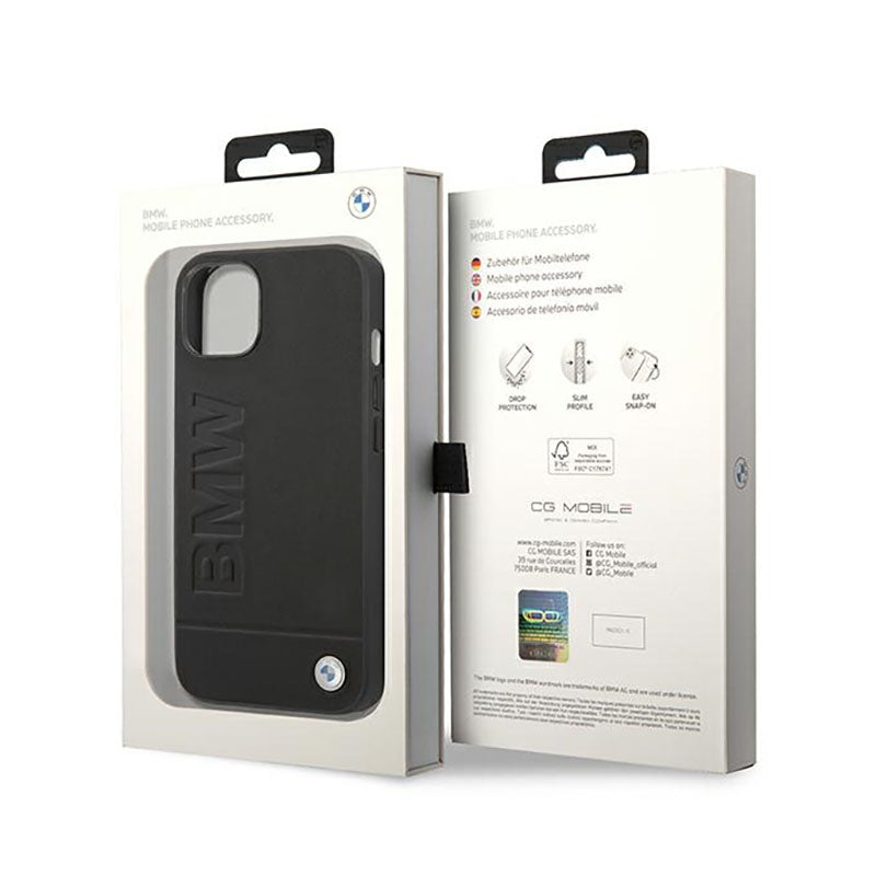 BMW Leather Hot Stamp – dėklas iPhone 14 Plus (juodas)