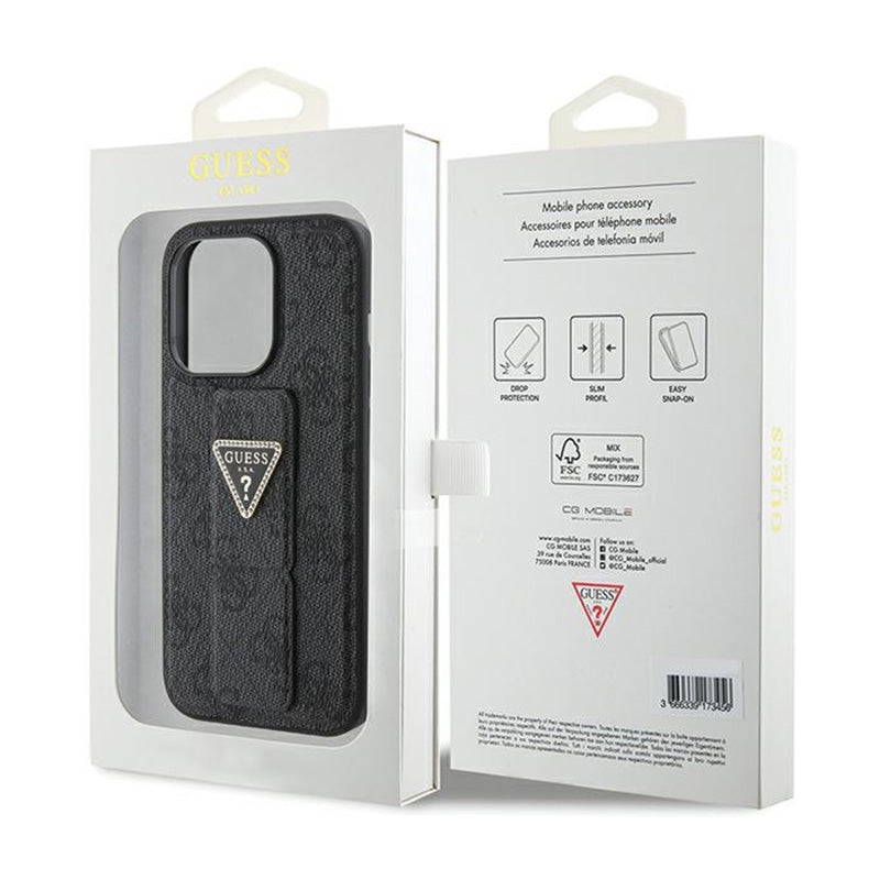 Guess Grip Stand 4G Triangle Strass Logo – iPhone 15 Pro dėklas (juodas)