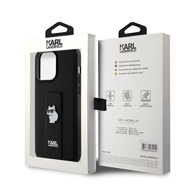 Karl Lagerfeld Gripstand Saffiano Choupette Pins – iPhone 13 Pro Max dėklas (juodas)