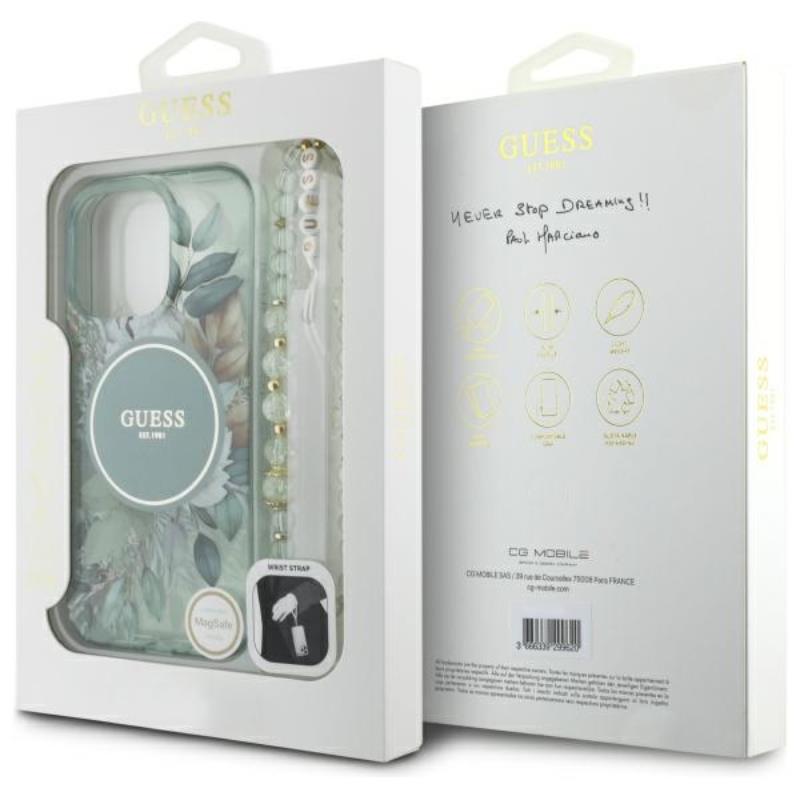 Guess IML Gėlės su perlų dirželiu MagSafe – dėklas iPhone 16 Pro (Žalias)