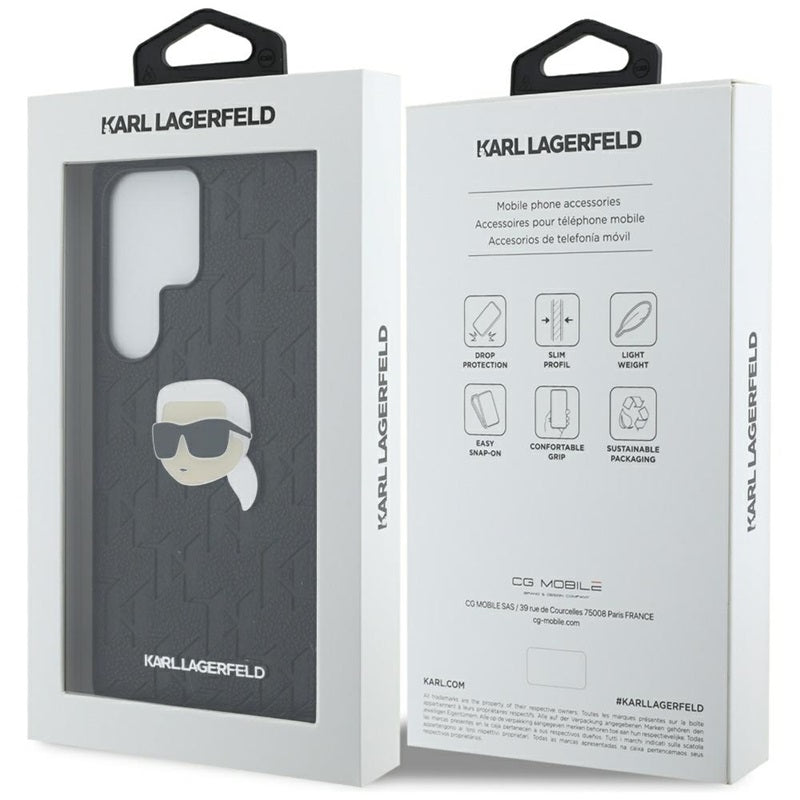 Karl Lagerfeld Odinis monogramos smeigtukas su Karl galva – dėklas, skirtas „Samsung Galaxy S25 Ultra“ (juoda)