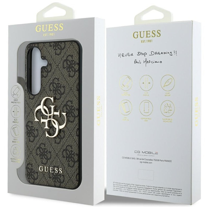 Guess Didelio 4G logotipo klasikinis dėklas, skirtas Samsung Galaxy S25+ (rudas)