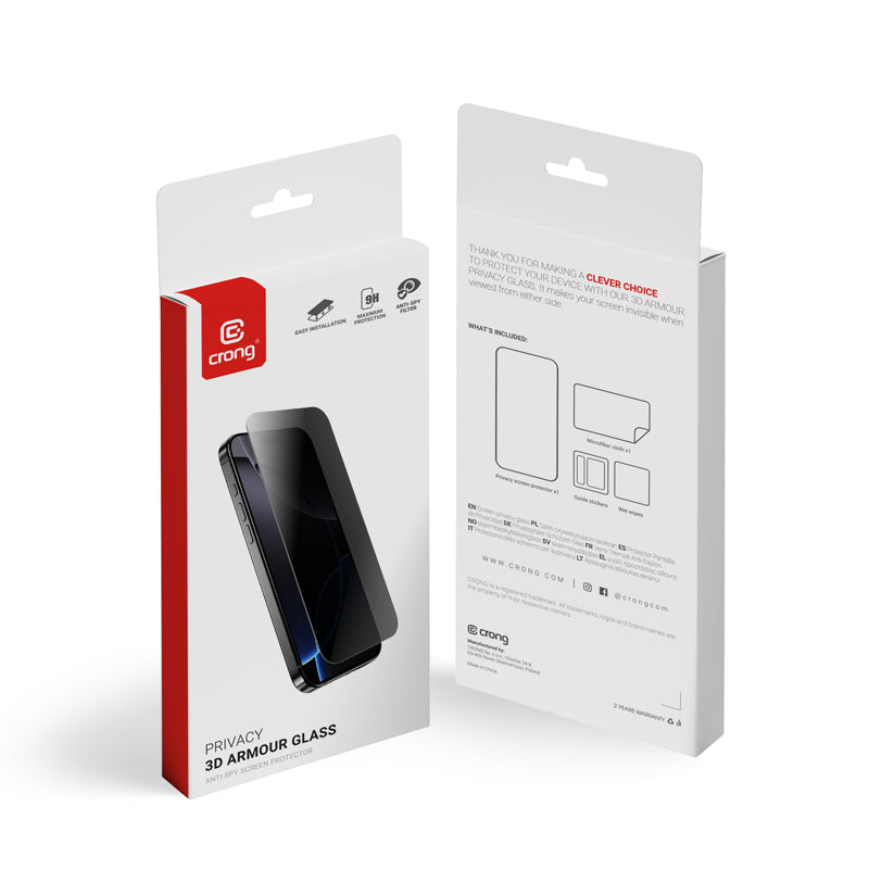 Crong Privacy 3D Armour Glass – apsauginis grūdintas stiklas su privatumo filtru, skirtas iPhone 16 / iPhone 15